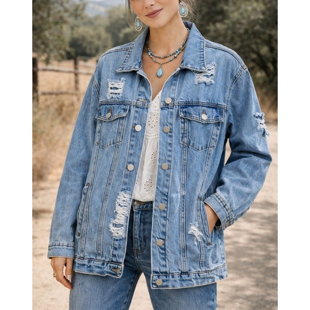 Umgee Jean Jacket Small Distressed Oversized Denim Jacket Western Boho Trucker